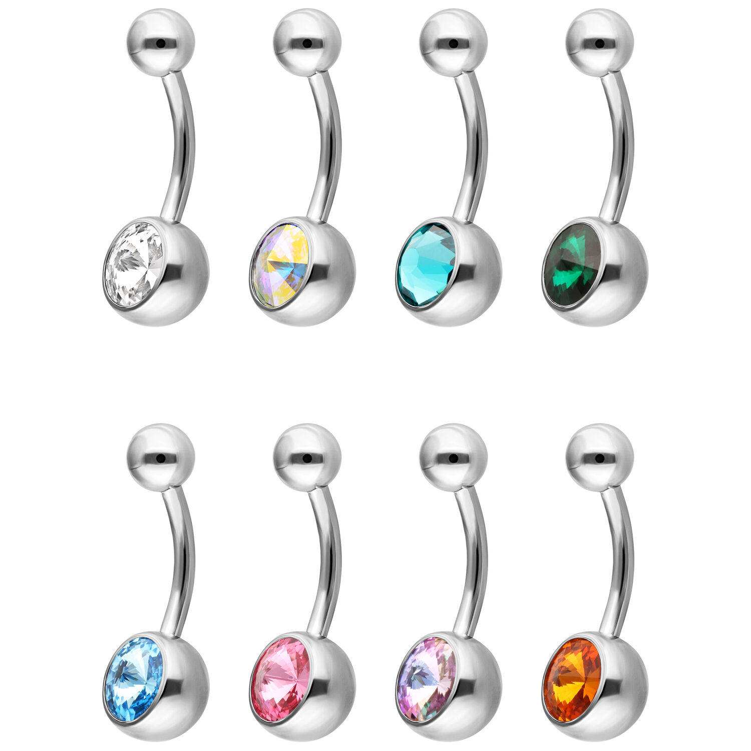 Banane de nombril avec cristaux colorés Huit bananes de nombril en argent avec des cristaux de différentes couleurs sur fond blanc