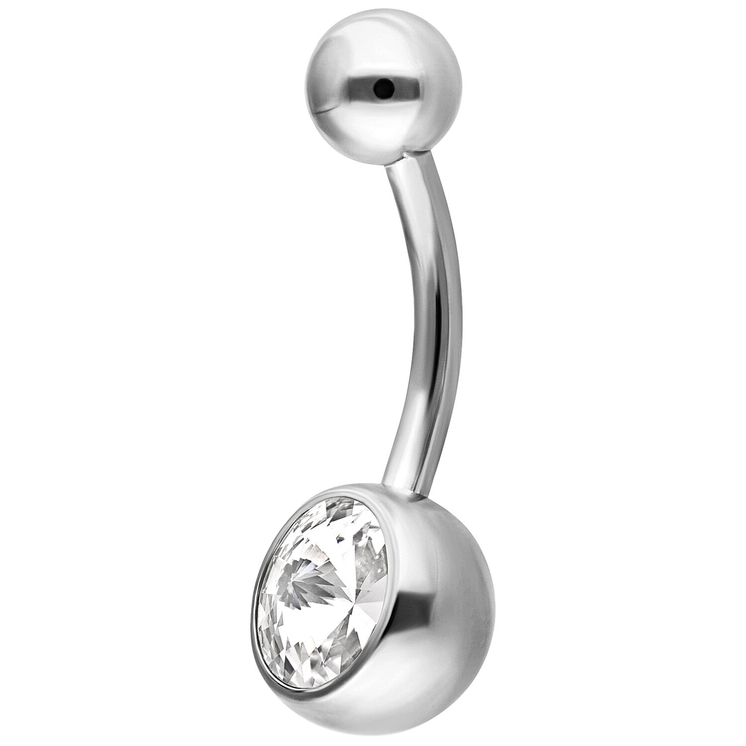Banane de nombril en argent avec cristal Piercing de nombril en argent avec cristal clair sur fond blanc