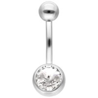 Piercing de nombril en argent avec cristal Bananabell de nombril en argent avec un grand cristal clair sur fond blanc.
