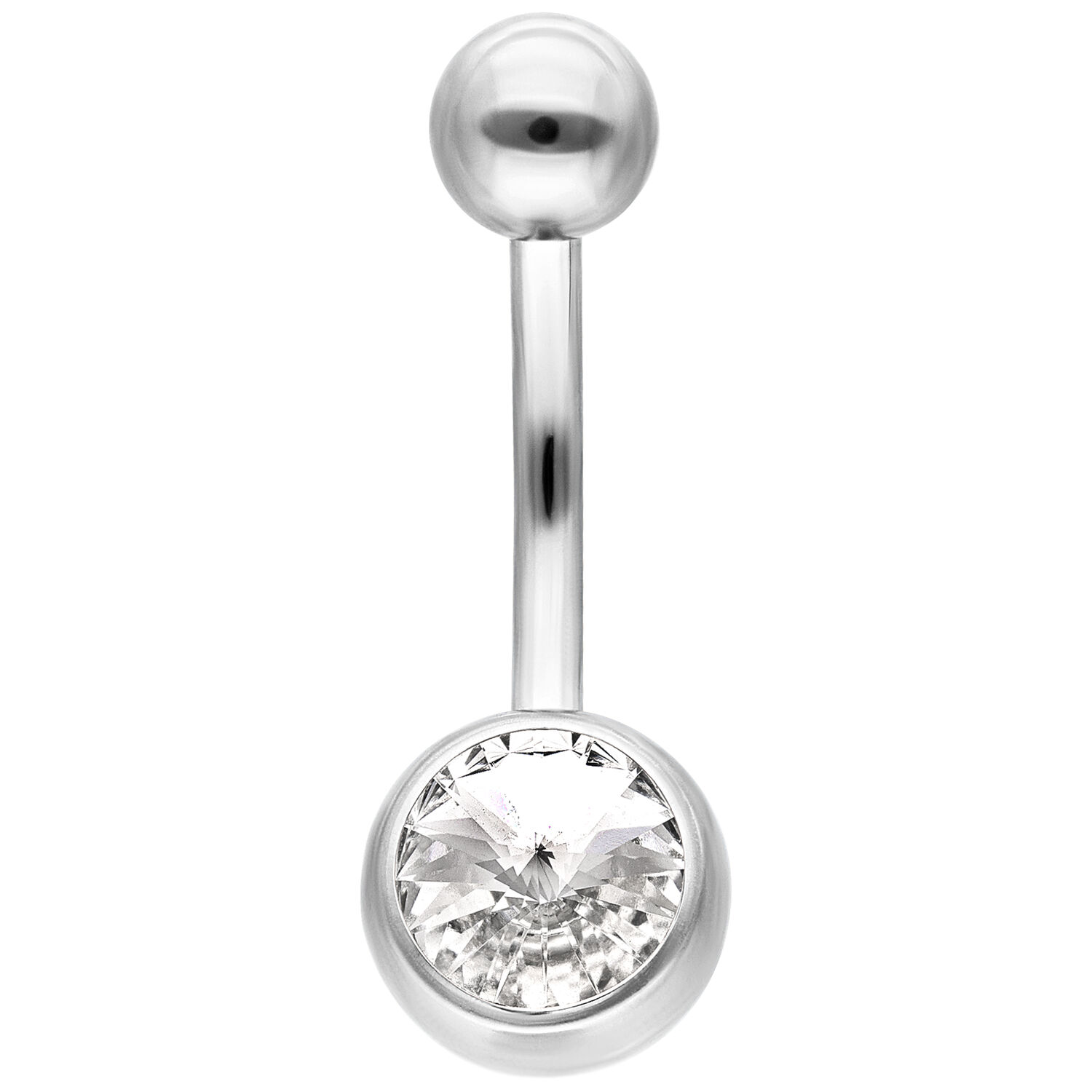 Piercing de nombril en argent avec cristal Bananabell de nombril en argent avec un grand cristal clair sur fond blanc.