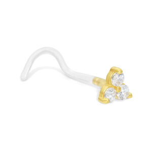 Clou de nez en or 18k avec trois cristaux clairs sur fond blanc