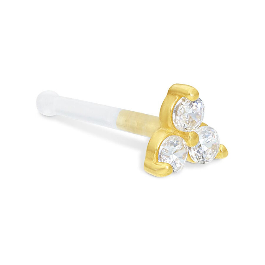 Clou de nez en or 18k avec cristaux Clou de nez en or avec trois cristaux clairs sur fond blanc