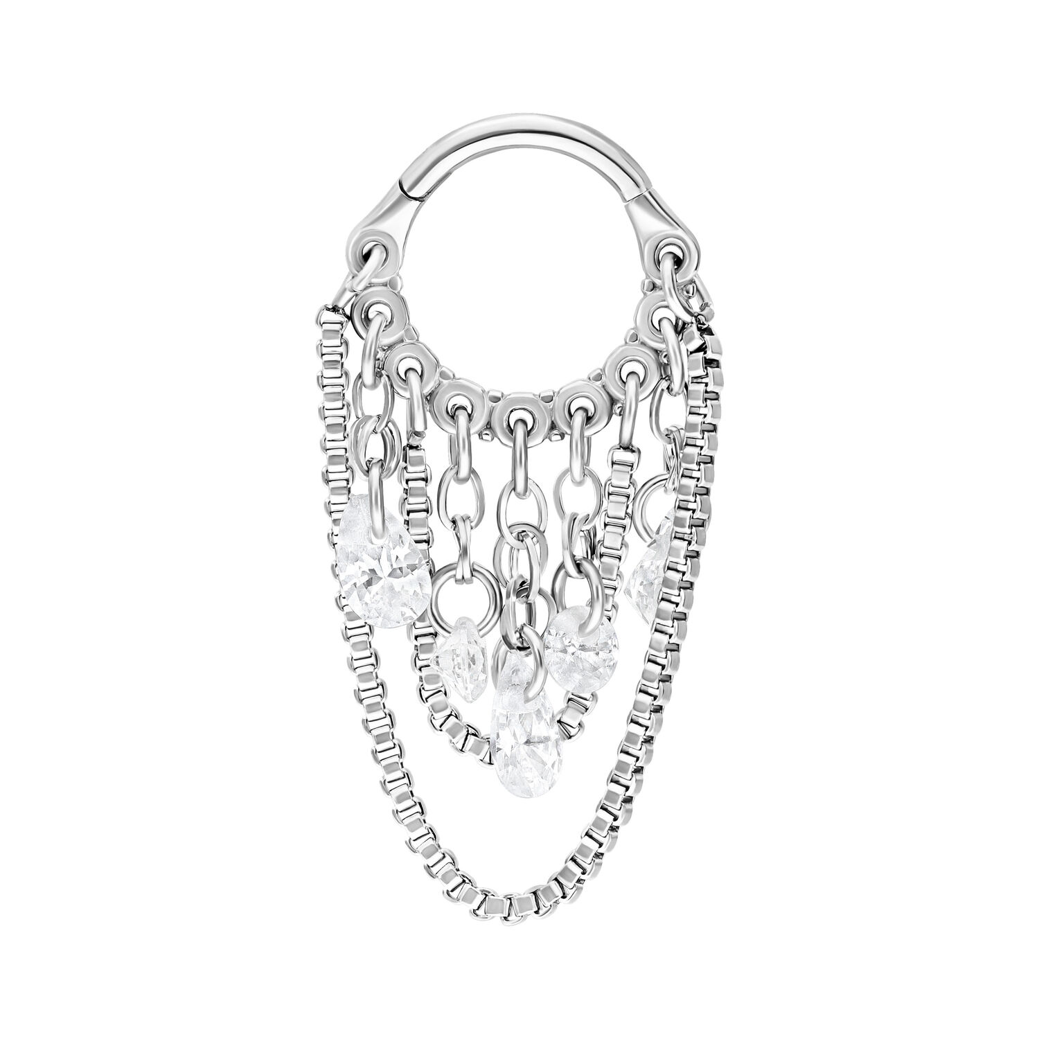 Clicker en argent Crystal Snakechain avec cristaux clairs Clicker piercing argenté avec cristaux clairs, design chaîne sur fond blanc