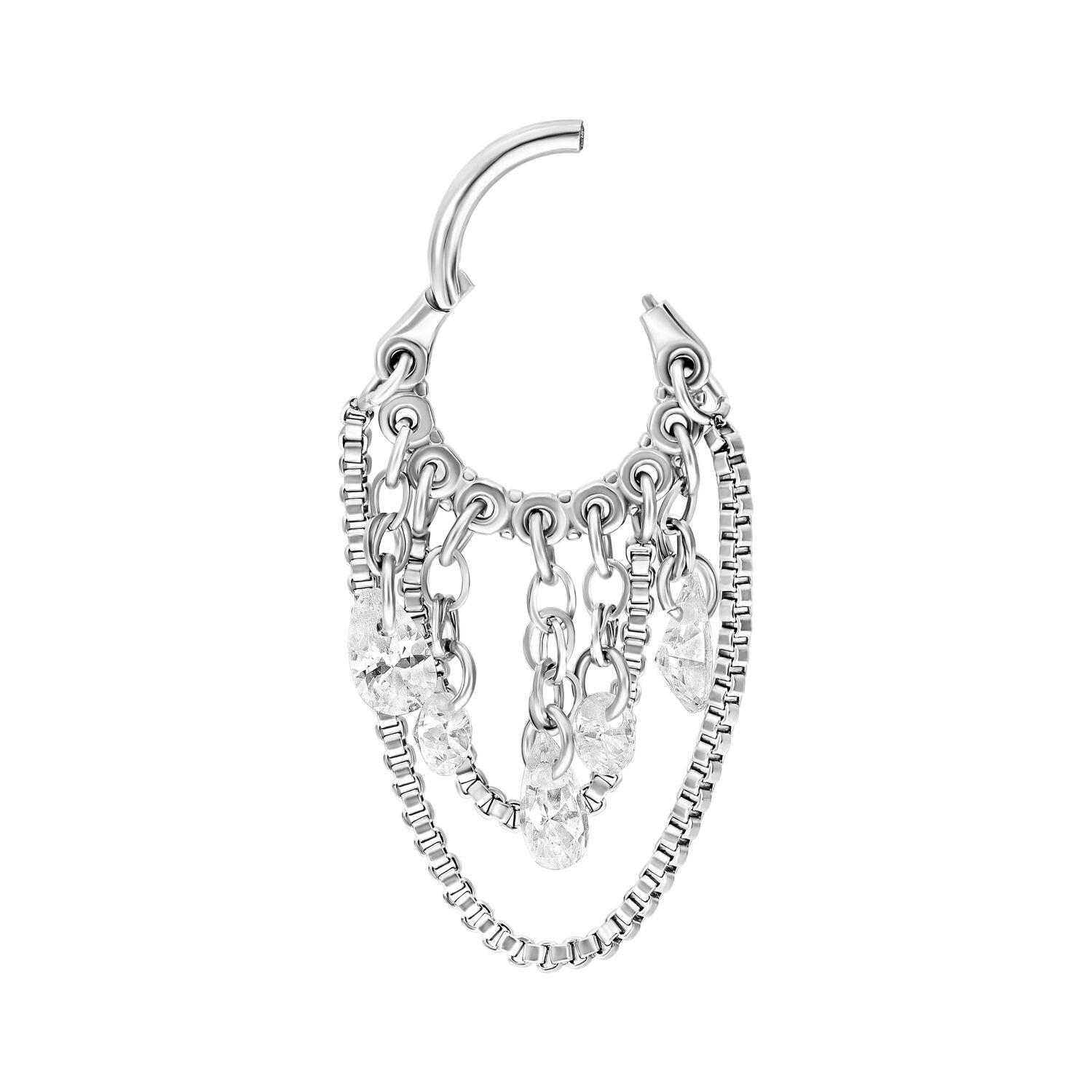 Clicker en argent Crystal Snakechain avec cristaux clairs Anneau de piercing en argent avec gouttes de cristal claires et design en chaîne serpent sur fond blanc